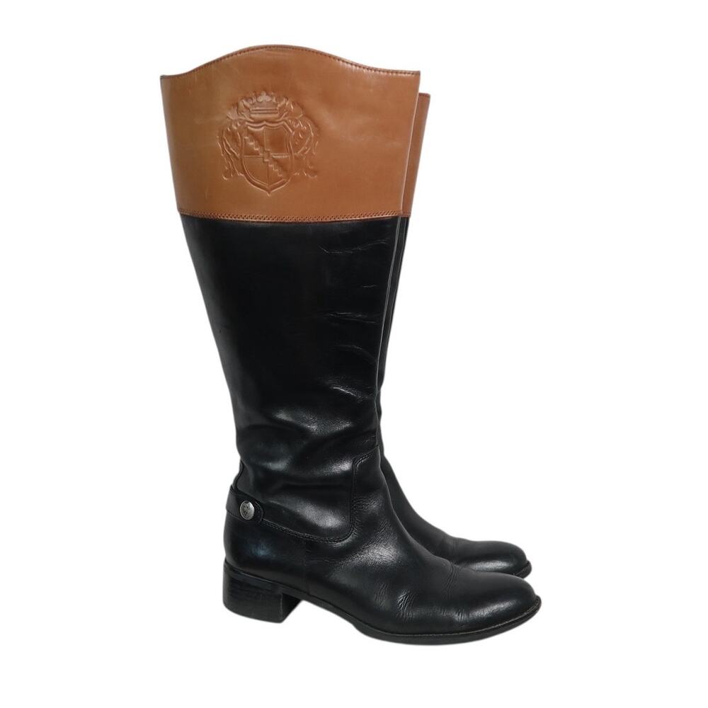 Franco Sarto Chipper Black and Tan Leather Knee High Riding Boots 7.5